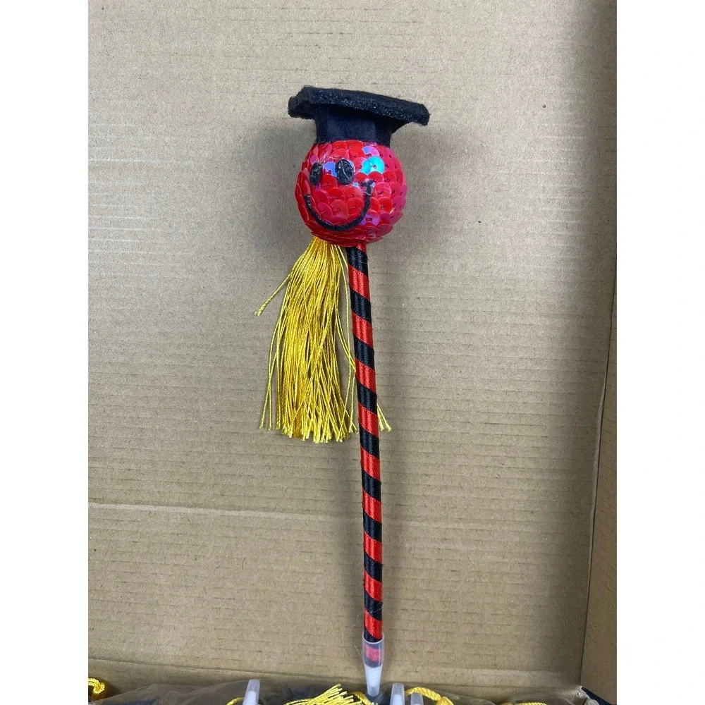 24 Pcs Graduation Smiley Face Novelty Pens Red Black Gold Tassel Party‎ Favors